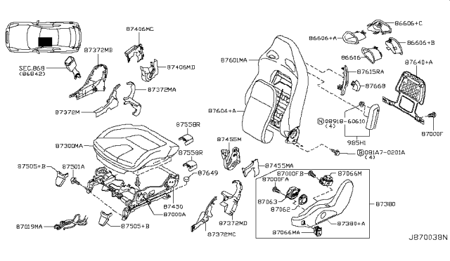 2010 Nissan GT-R FINISHER Assembly - Cushion, Front Seat LH Diagram for 87380-KC32A