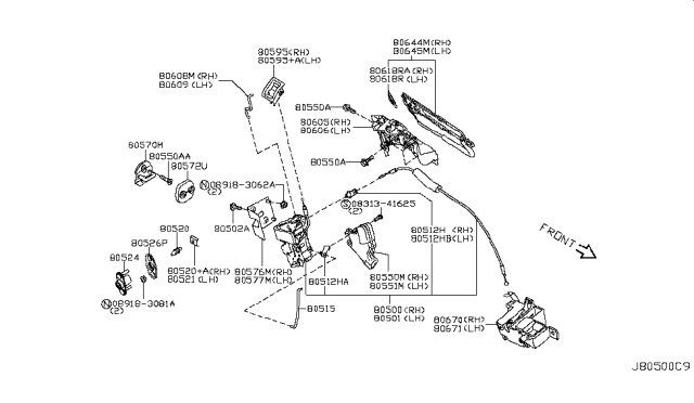 2009 Nissan GT-R Front Door Outside Handle Assembly, Left Diagram for 80607-JF00D