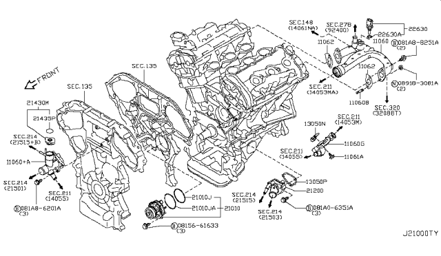 2011 Nissan GT-R Thermostat Assembly Diagram for 21200-JF01A