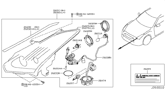 2011 Nissan GT-R Headlamp Housing Assembly, Driver Side Diagram for 26075-JF30E