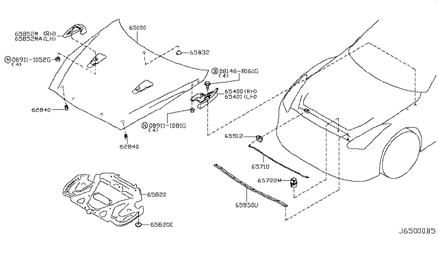 2009 Nissan GT-R Hood Panel,Hinge & Fitting Diagram