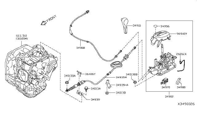 2016 Nissan Versa Control Cable Assembly Diagram for 34935-9ME0A