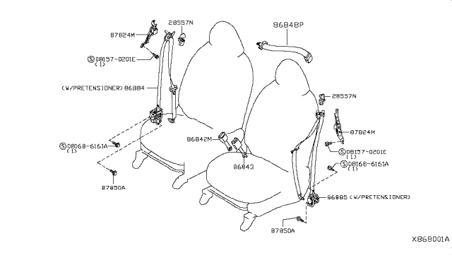 2015 Nissan Versa Pretensioner Front Left Tongue Belt Assembly Diagram for 86885-3WC8B