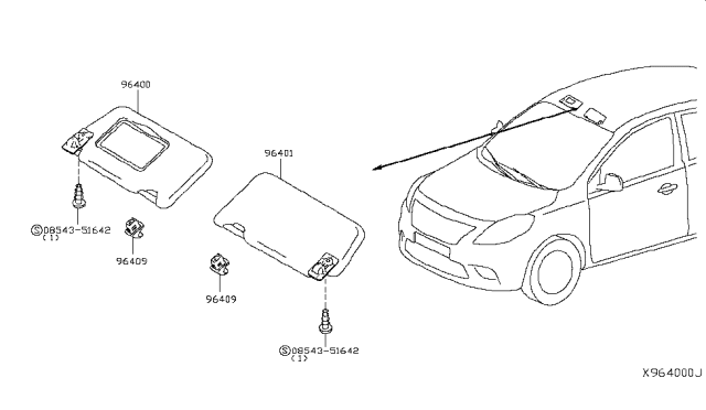 2015 Nissan Versa Passenger Side Sun Visor Assembly Diagram for 96400-3WC0A