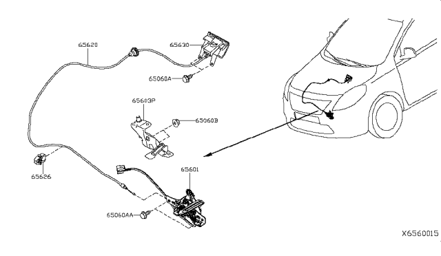 2015 Nissan Versa Crank-Bell, Hood Lock Diagram for 65603-3BA0A