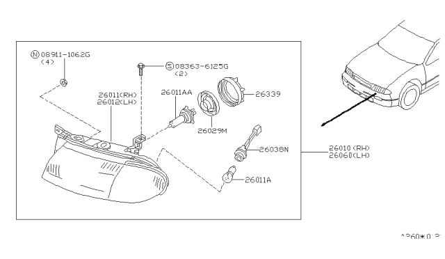 1996 Nissan Stanza Passenger Side Headlight Assembly Diagram for B6010-1E411