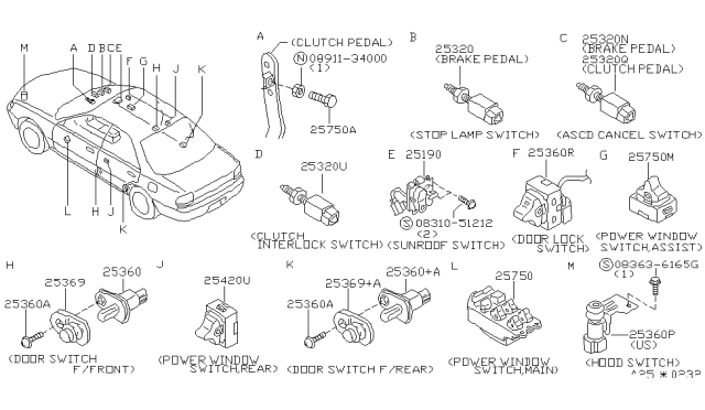 1994 Nissan Altima Switch-Door Diagram for 25360-41L11