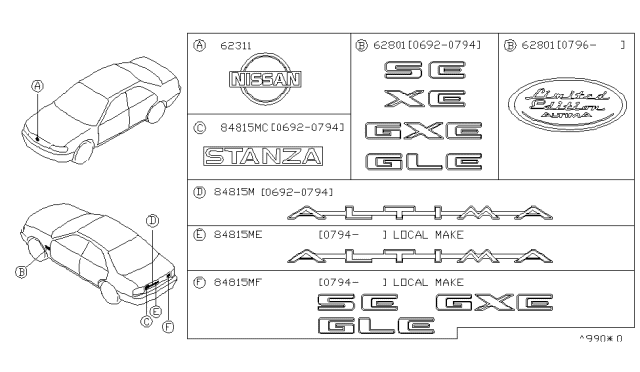 1996 Nissan Stanza Side Front Emblem Diagram for 63896-9B200