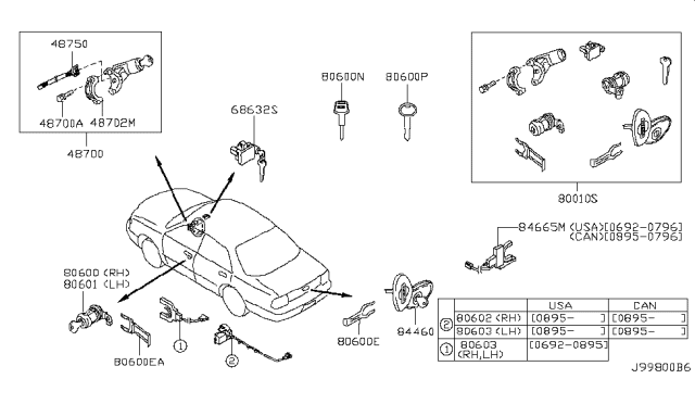 1994 Nissan Stanza Cylinder Assy-Door Lock Diagram for 80600-62J28