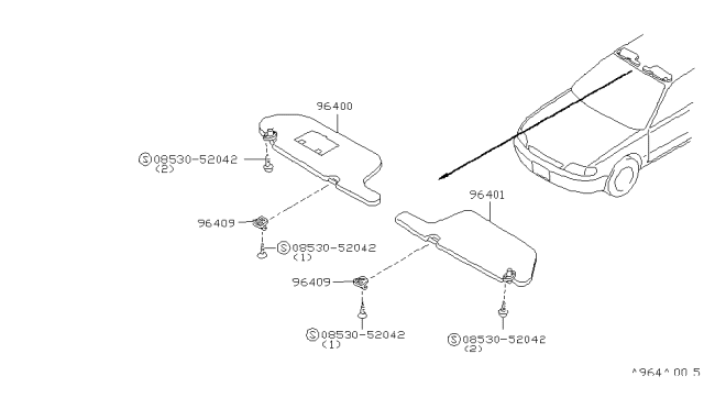 1997 Nissan Altima Left Sun Visor Assembly Diagram for 96401-9B011