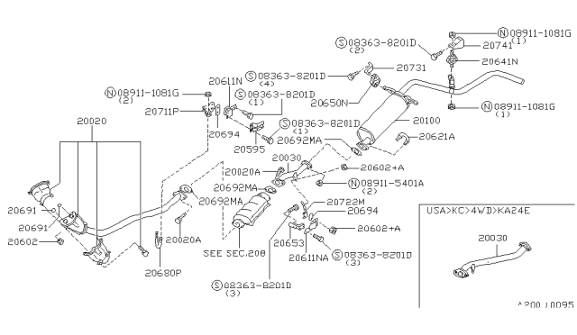 1997 Nissan Hardbody Pickup (D21U) Exhaust Tube & Muffler Diagram 2