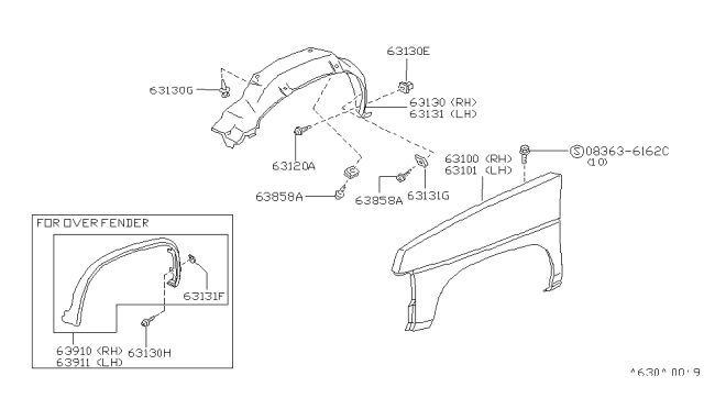 1995 Nissan Hardbody Pickup (D21U) Front Fender & Fitting Diagram