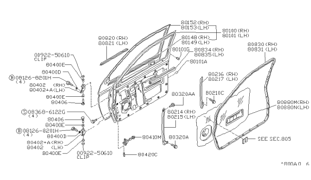 1996 Nissan Hardbody Pickup (D21U) Front Door Panel & Fitting Diagram