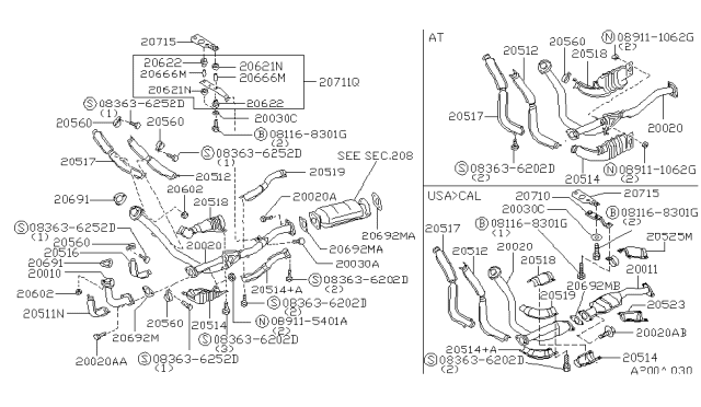 1995 Nissan Hardbody Pickup (D21U) Exhaust Tube Assembly, Front Diagram for 20020-3B006