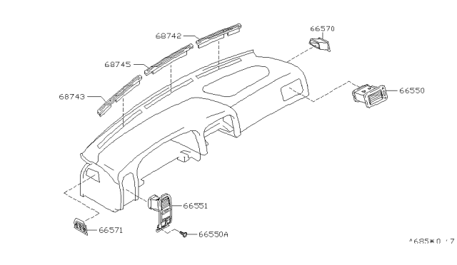 1997 Nissan Hardbody Pickup (D21U) Grille-Front Defroster,Center Diagram for 68745-1S701