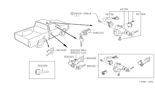 1995 Nissan Hardbody Pickup (D21U) Key Set & Blank Key Diagram 2