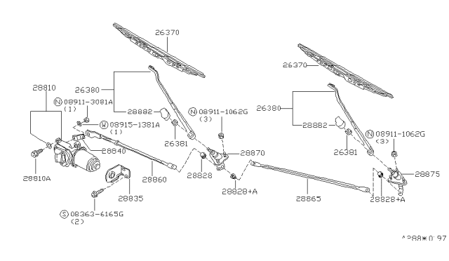 1996 Nissan Hardbody Pickup (D21U) Windshield Wiper Arm Assembly Diagram for 28880-01G63