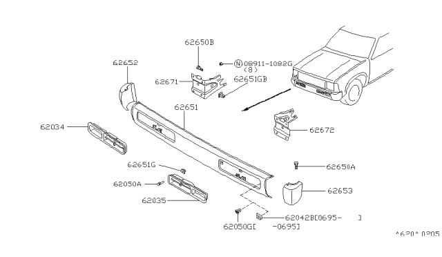 1995 Nissan Hardbody Pickup (D21U) Front Bumper Diagram for 62014-57G26