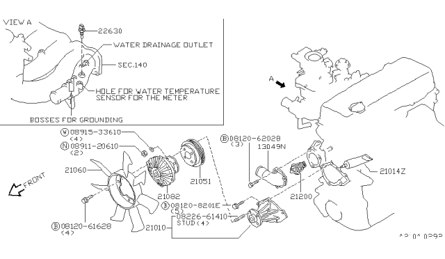 1996 Nissan Hardbody Pickup (D21U) Water Pump, Cooling Fan & Thermostat Diagram 1