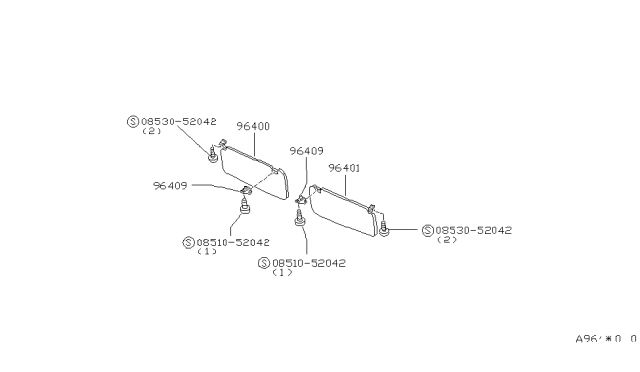 1996 Nissan Hardbody Pickup (D21U) Right Sun Visor Assembly Diagram for 96400-8B003