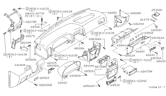 1997 Nissan Hardbody Pickup (D21U) Instrument Panel,Pad & Cluster Lid Diagram 2