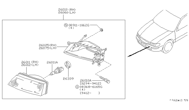 1998 Nissan Maxima Passenger Side Headlamp Assembly Diagram for 26010-0L725