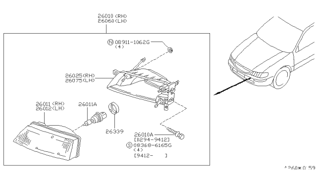 1998 Nissan Maxima Headlamp Unit Diagram for 26014-0L700