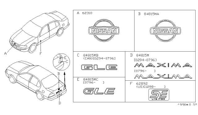 1995 Nissan Maxima Emblem & Name Label Diagram