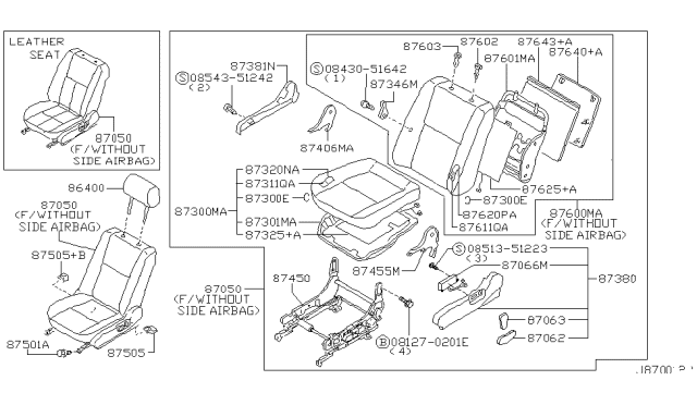 1995 Nissan Maxima Knob Switch Front Seat RECLINING L Diagram for 87063-49U12