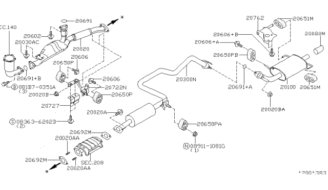 1999 Nissan Maxima Exhaust Tube & Muffler Diagram 1