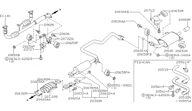 1997 Nissan Maxima Exhaust Muffler Assembly Diagram for 20300-0L801