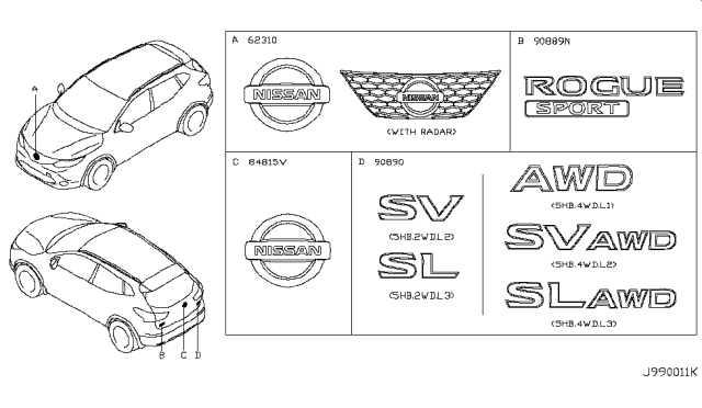 2018 Nissan Rogue Sport Emblem & Name Label Diagram 1