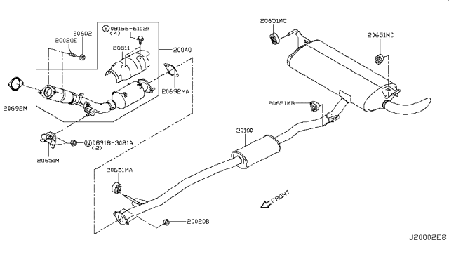 2017 Nissan Rogue Sport Exhaust, Main Muffler Assembly Diagram for 20100-6MA0A