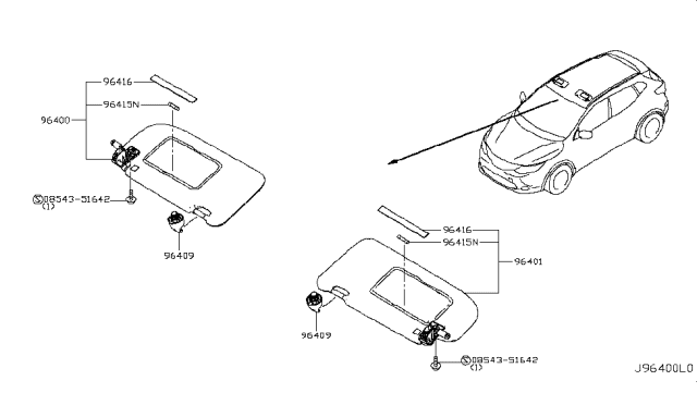 2017 Nissan Rogue Sport Left Sun Visor Assembly Diagram for 96401-6MA0A