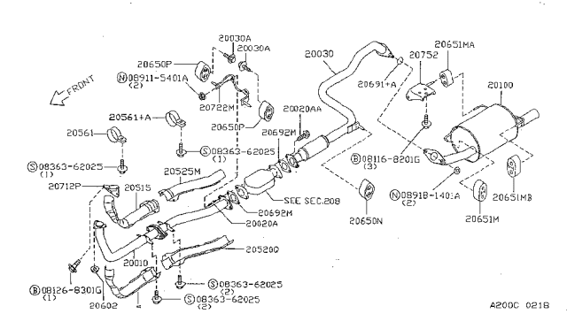 1998 Nissan Sentra Exhaust Tube & Muffler Diagram 3