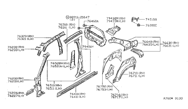 1999 Nissan Sentra Rail-Side Roof,Outer R Diagram for 76310-1M200