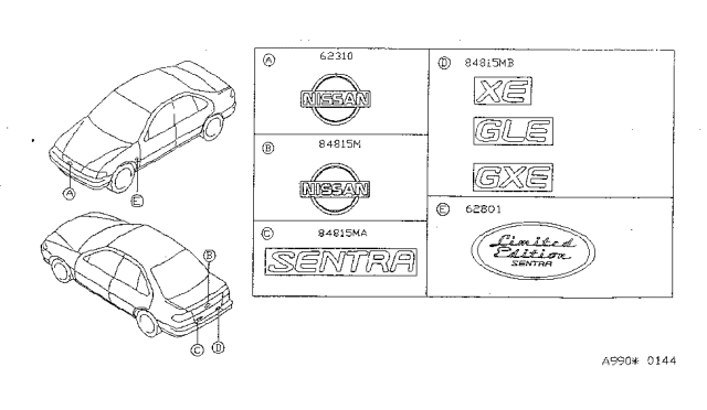 1995 Nissan Sentra Emblem & Name Label Diagram