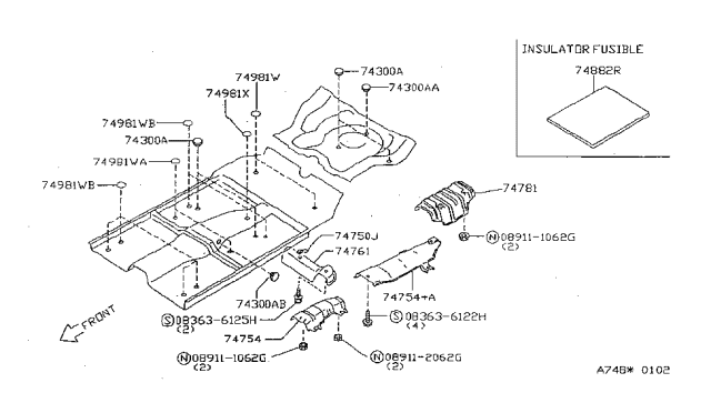 1997 Nissan Sentra INSULATOR-Heat, Rear Floor Diagram for 74762-3M200