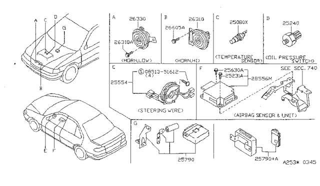1998 Nissan Sentra Steering Air Bag Wire Assembly Diagram for 25554-4B025
