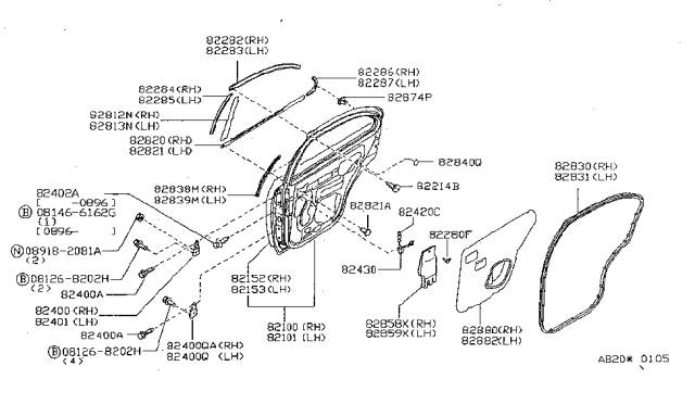 1998 Nissan Sentra Rear Door Panel & Fitting Diagram