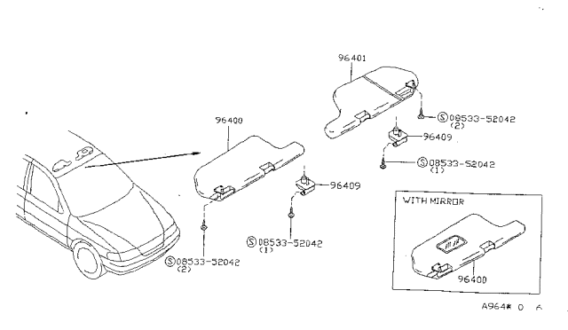 1998 Nissan Sentra Left Sun Visor Assembly Gray Diagram for 96401-8Z200