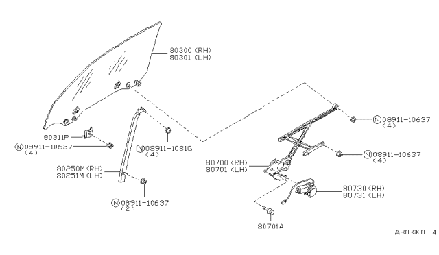 1996 Nissan 240SX Regulator Assy-Door Window,LH Diagram for 80721-65F00