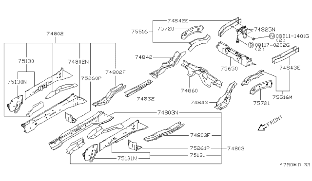 1996 Nissan 240SX Member Assembly-Rear Cross Center Diagram for 75650-70F00