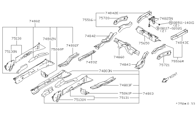 1996 Nissan 240SX Member-Side,Rear LH Diagram for 75511-70F00