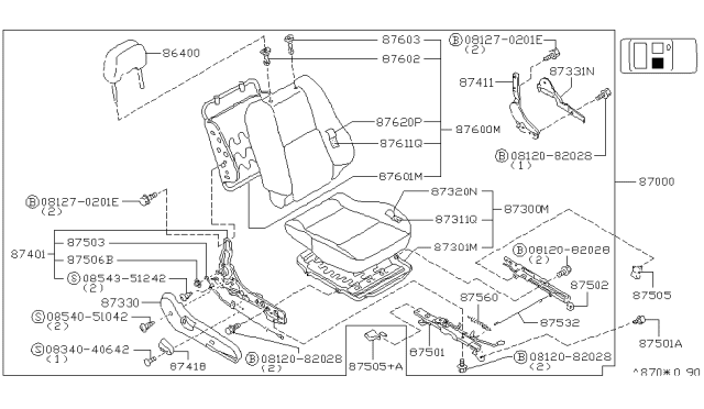 1995 Nissan 240SX Trim Assembly-Front Seat Back Diagram for 87620-70F06