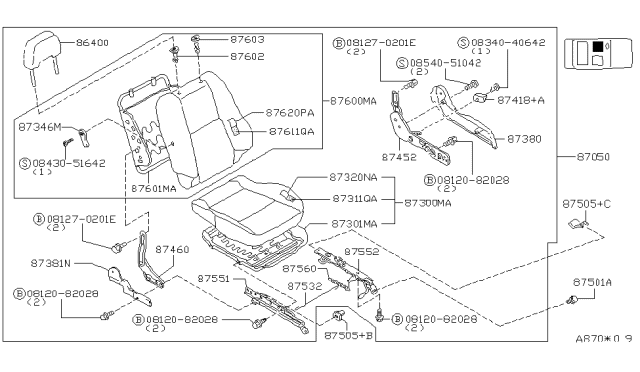 1996 Nissan 240SX Knob-Reclining Device Diagram for 87468-65F00