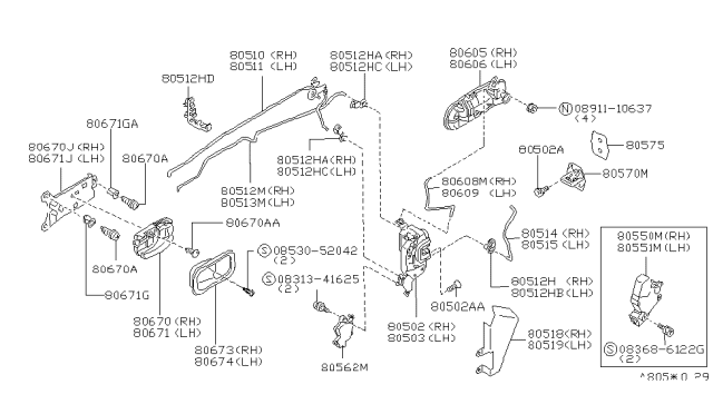 1996 Nissan 240SX Front Door Outside Handle Assembly, Right Diagram for 80606-80F12