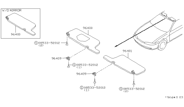 1996 Nissan 240SX Left Sun Visor Assembly Diagram for 96401-73F00