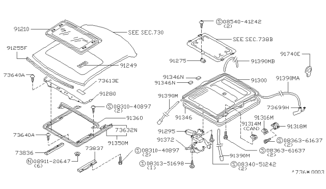 1992 Nissan Maxima Lid Assy-Sunroof,Slide Diagram for 91210-85E10