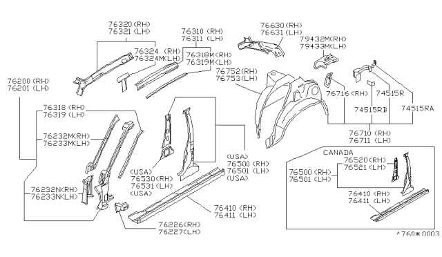 1993 Nissan Maxima Rail-Side Roof,Inner RH Diagram for 76330-85E02